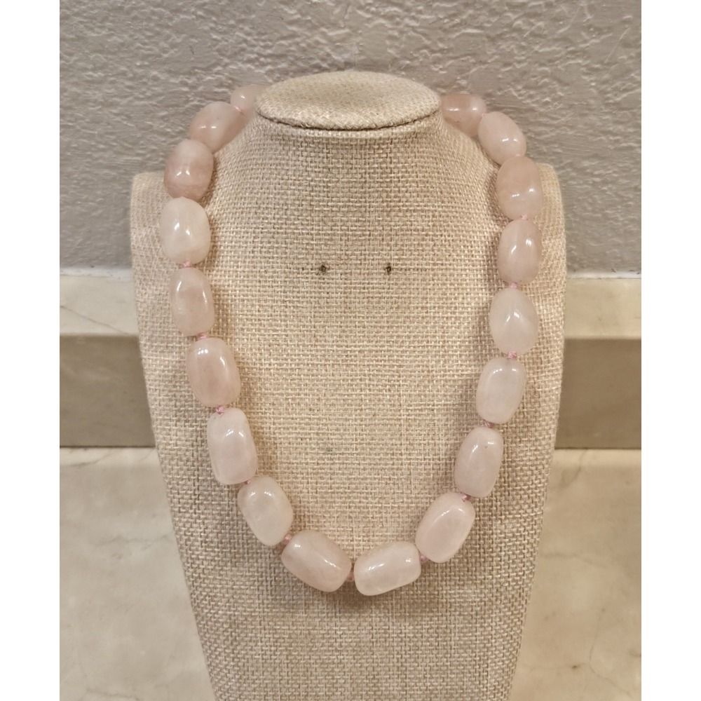 Chunky Rose Quarts Sterling Silver Hand Knotted Necklace Signed CJS 17-19" - Picture 2 of 5